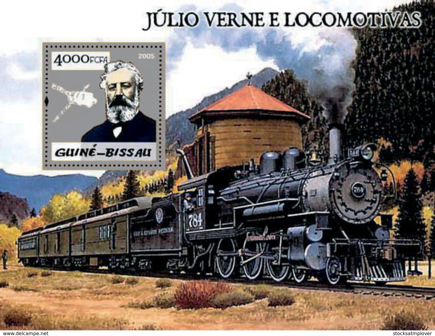 Guinea Bissau  2005 Steam Trains & Jules Verne , Silver  Embossed - Guinea-Bissau