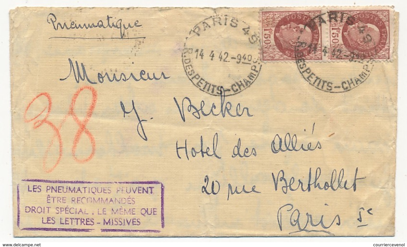 Enveloppe Affr 1,50 Pétain X2 Pneumatique  - Paris 49 Rue Des Petits Champs Paris 1942 - Cachet Rect "les Pneumatiques.. - 1941-42 Pétain