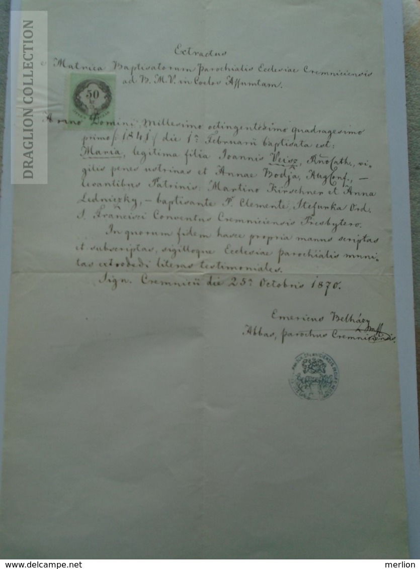 ZA179.19 Old Document-  Slovakia  -Kremnica Körmöcbánya Kremnitz - Maria Weisz (1841)  Weisz - Bodja - 1870  E. Belházy - Mariage