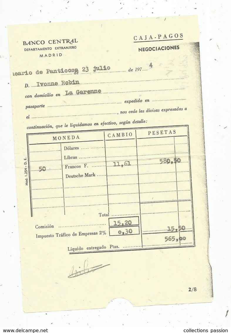Facture ,  ESPAGNE , BANCO CENTRAL , Madrid , Caja-pagos, Negociaciones,  1974,  Frais Fr 1.55 E - España