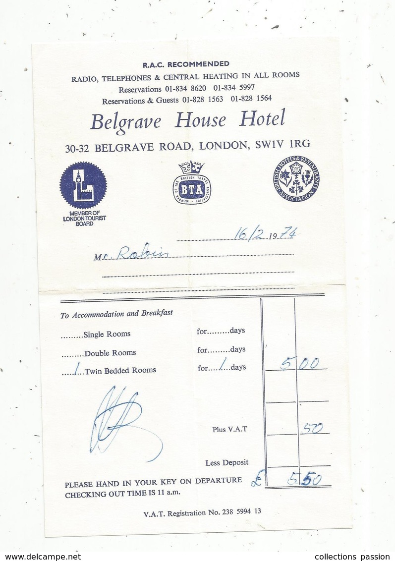 Facture ,  Angleterre ,  BELGRAVE HOUSE HOTEL ,  LONDON ,  1974,  Frais Fr 1.55 E - Royaume-Uni