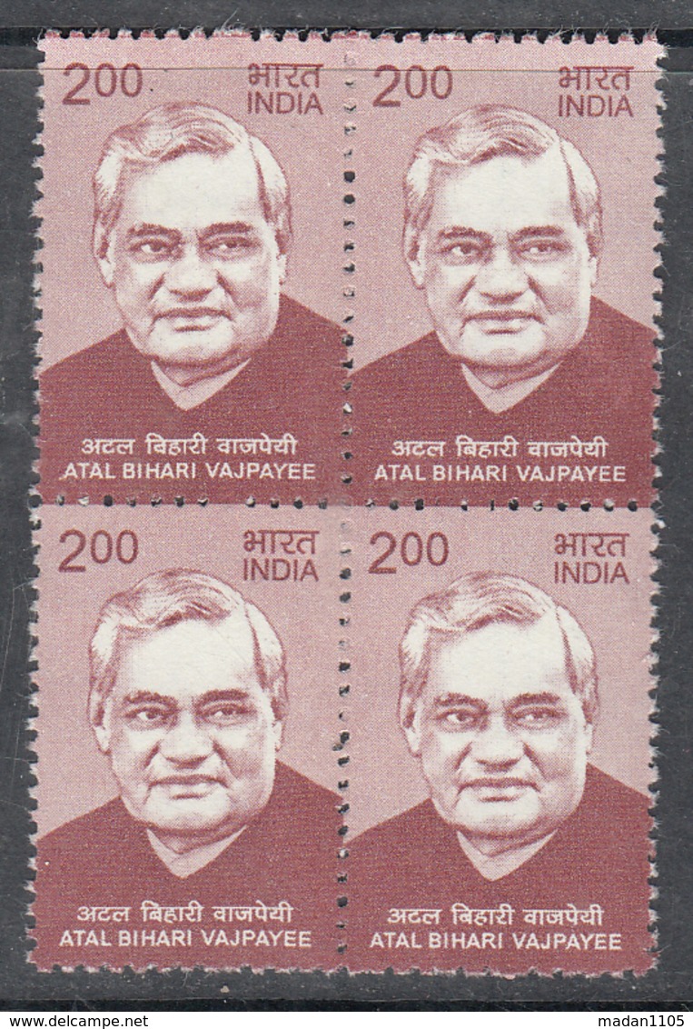 INDIA 2018  Definitive, ATAL BEHARI VAJPAYEE Definitives  Ex Prime Mininister Of INDIA, 1v, Block Of 4. MNH(**) - Unused Stamps