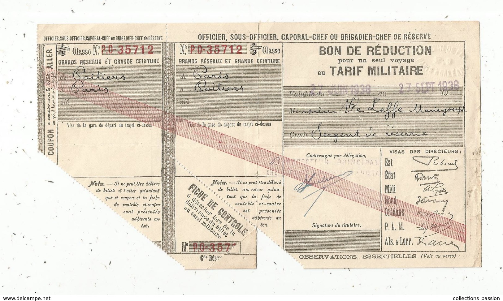 Bon De Réduction Au Tarif Militaire , Grands Réseaux Et Grande Ceinture, Chemin De Fer, 1938 ,  Frais Fr 1.55 E - Andere & Zonder Classificatie