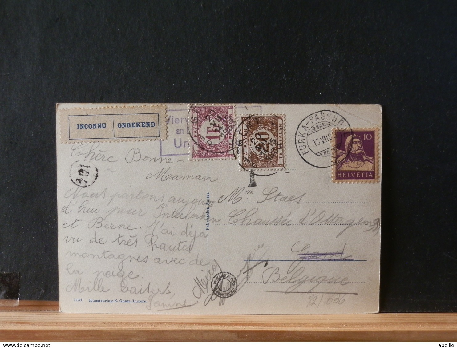 82/636   CP SUISSE POUR LA BELG. 1933 TAXEE  VIGNETTE INCONNU - Covers & Documents