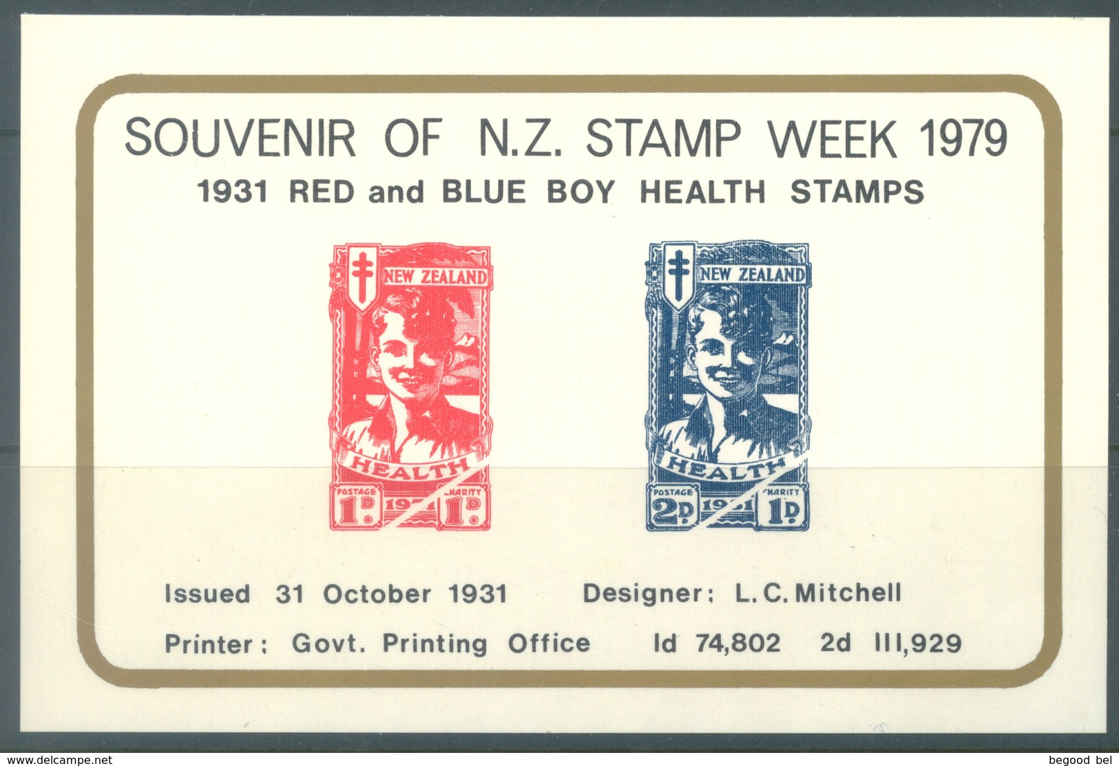 NEW ZEALAND - 1979 - SOUVENIR STAMP WEEK RED AND BLUE BOY HEALTH STAMPS OF 1931 - CARD - Lot 18960 - Autres & Non Classés