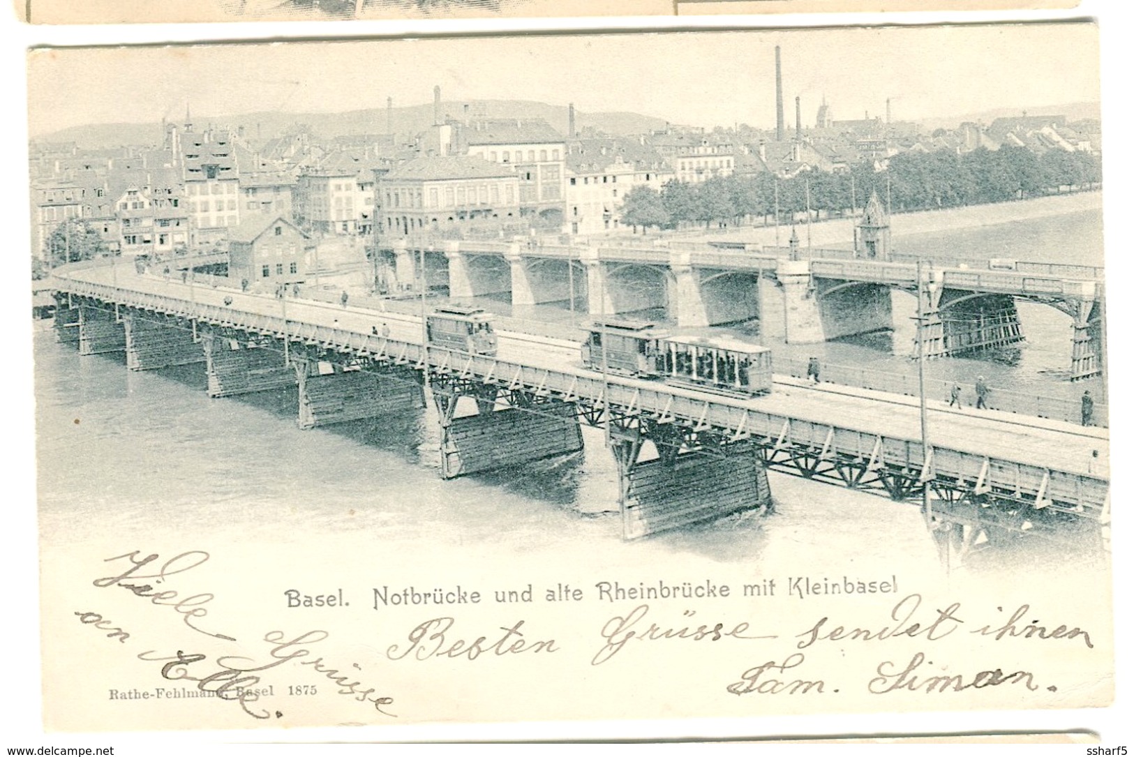 Basel - Strassenbahn Tram Auf Notbrücke Und Alte Rheinbrücke Mit Kleinbasel 1905 - Basel