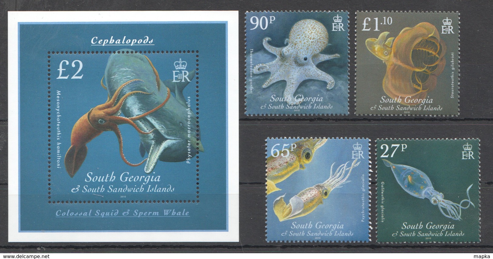 YY165 2010 SOUTH GEORGIA MARINE LIFE COLOSSAL SQUID & SPERM WHALE #488-91 !!! MICHEL 20 EURO !!! 1SET+1BL MNH - Vie Marine