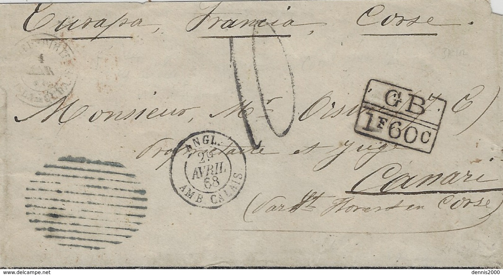 1868- Enveloppe De St Thomas ( Îles Vierges )  Pour Nonza ( Corse )  Exch. G B / 1F 60 C  +  Taxe 10 D - Poste Maritime