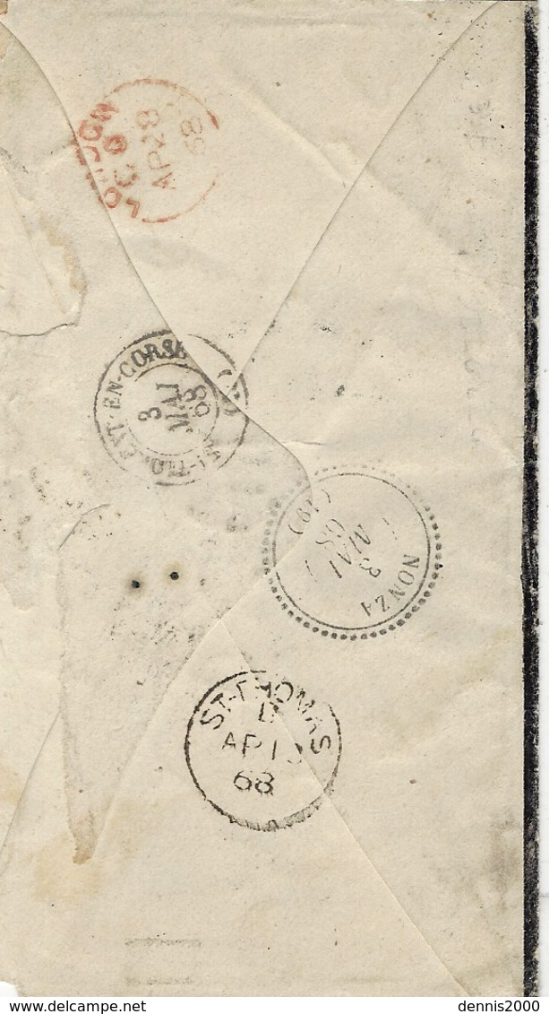 1868- Enveloppe De St Thomas ( Îles Vierges )  Pour Nonza ( Corse )  Exch. G B / 1F 60 C  +  Taxe 10 D - Poste Maritime