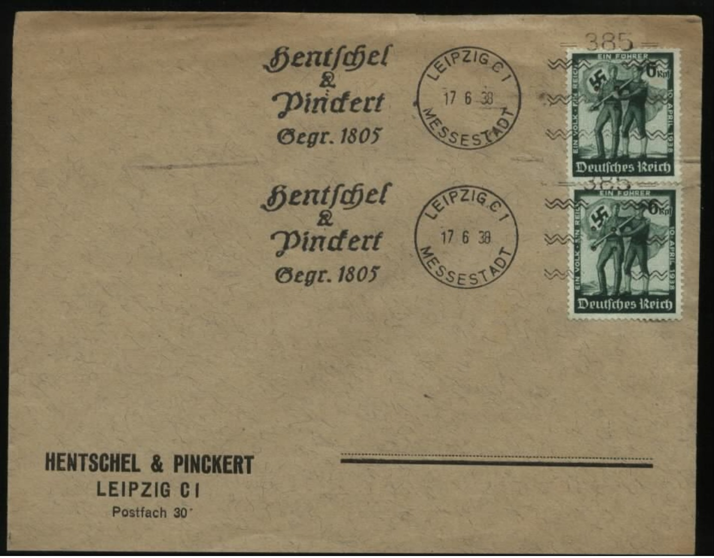 WW II DR Firmen Briefumschlag Mit Sonderbriefmarken: Gebraucht Mit Stempelmaschine 385 Hentschel Und Pinckert Leipzig - Briefe U. Dokumente