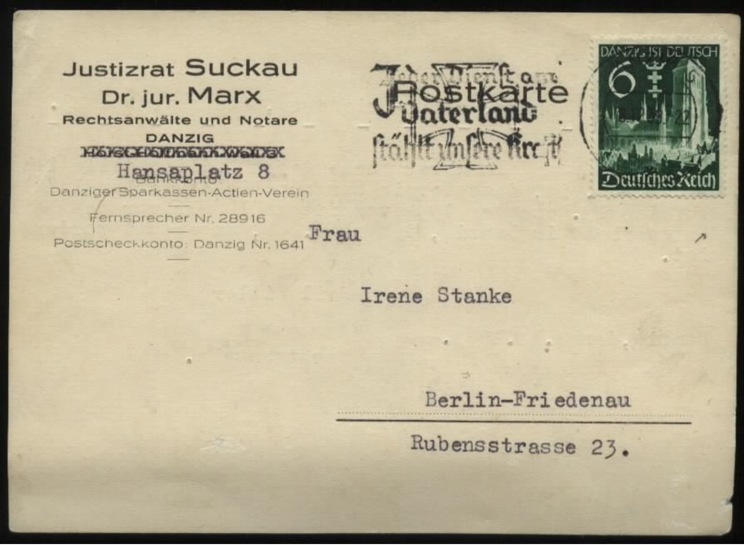 WW II Werbe Postkarte Danzig: Gebraucht Mit Briefmarke + Werbestempel Eisernes Kreuz Danzig - Berlin 1939, Bedarfserha - Briefe U. Dokumente