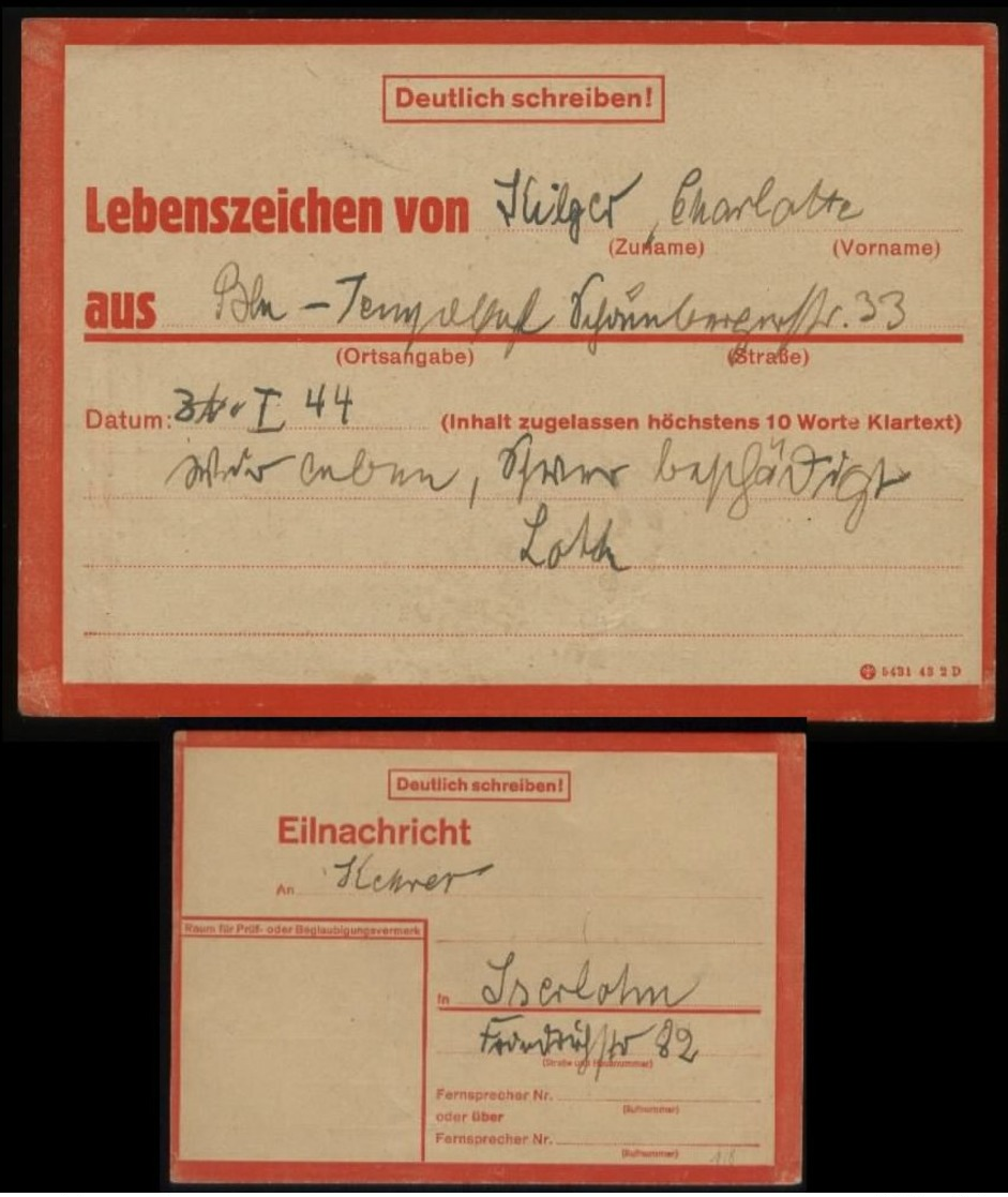 WW II Postkarte : Lebenszeichen Nr. 5431432D ,gebraucht Berlin Tempelhof - Iserlohn 1944 , Bedarfserhaltung. - Briefe U. Dokumente