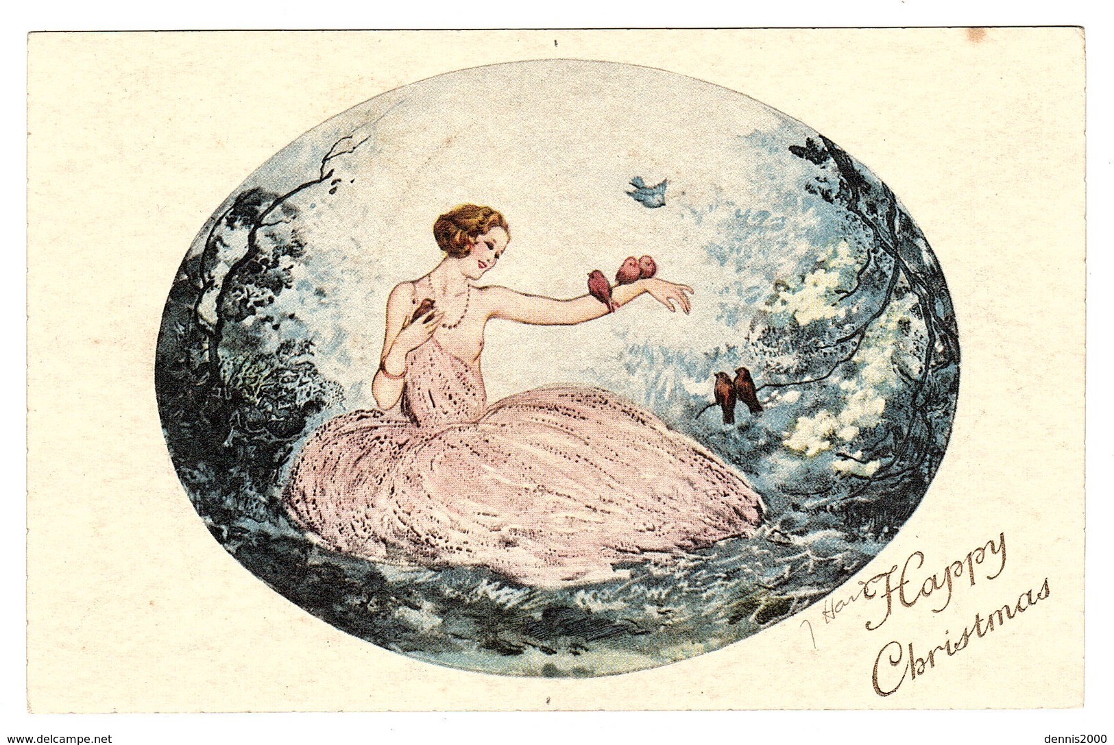 Carte Illustrateur - FEMME En Robe - OISEAU - SEIN NU - MODE - HAPPY CHRISTMAS - Ed. Paris-Gravures, 1054 - Women