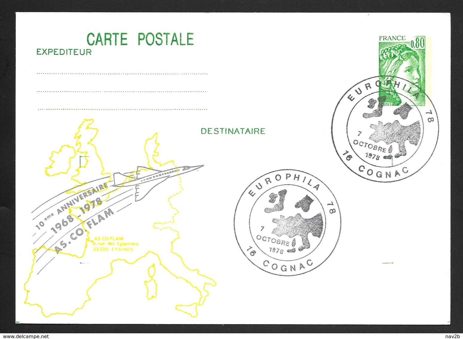 Entier Carte Postale Gandon . Repiquage AS.CO.FLAM .  Europhila Cognac 1978 . - Cartoline Postali Ristampe (ante 1955)