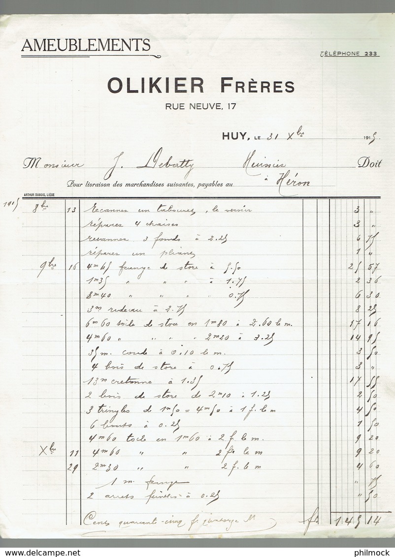 M-Facture Olikier Frères - Ameublements A Huy Le 31-Octobre-1915 Vers Héron - 1900 – 1949