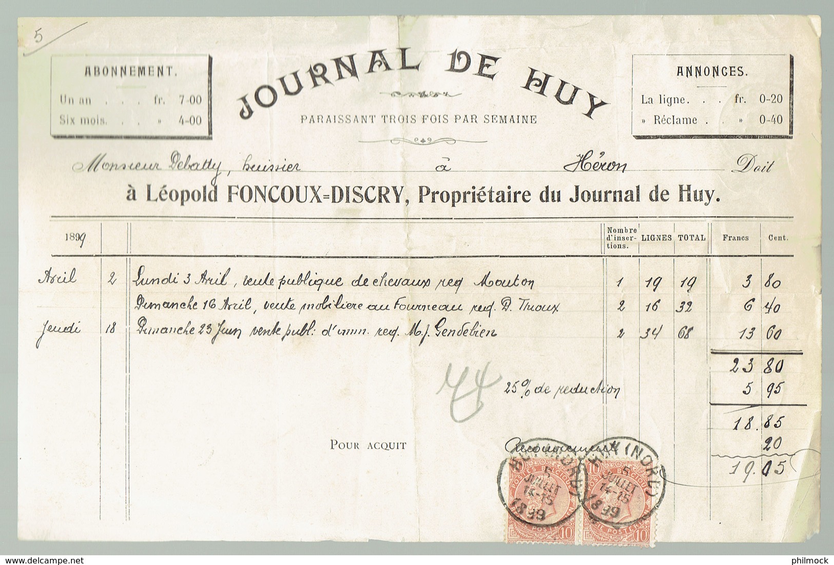 M-Facture Journal De Huy - Obl - Burdinne-Héron Huy(Nord) Le 5-Juillet-1899 Sur 57x2 Par Burdinne Le 6 Vers Héron Le 7 - 1800 – 1899