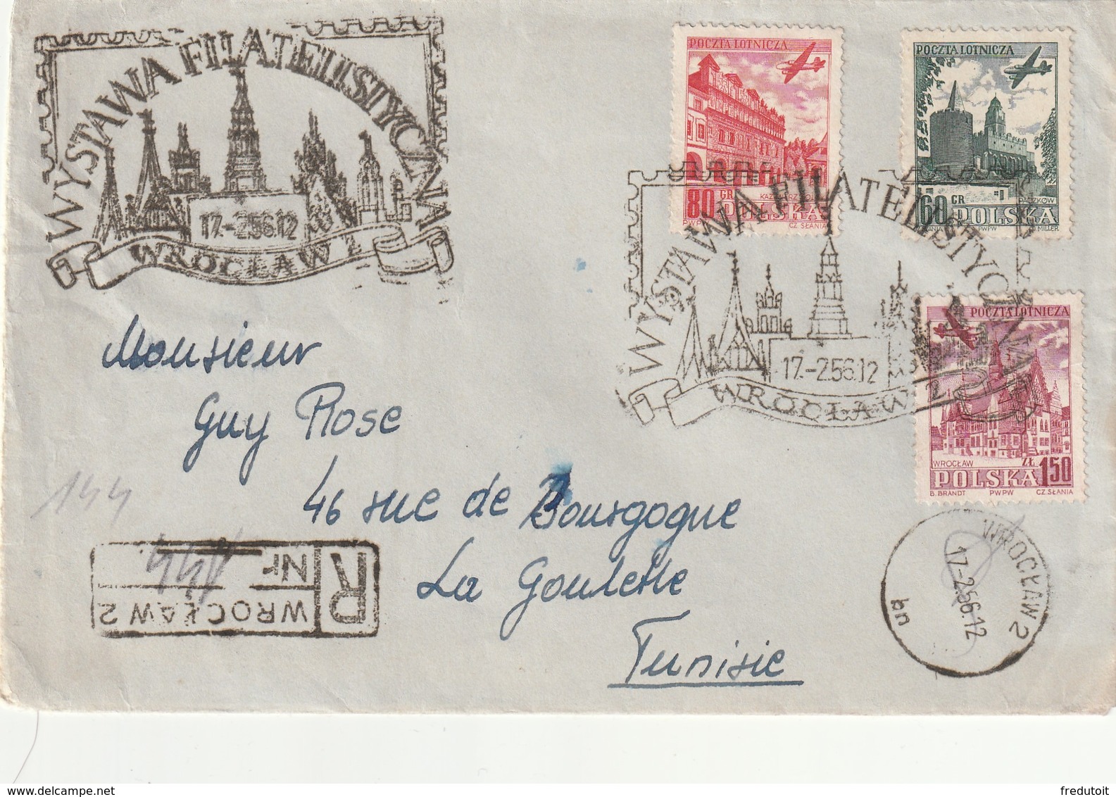 LETTRE Recommandée - Wrockaw 2  Le 17/02/1956 Pour La Tunisie - Flamme Expo Philatélique - Lettres & Documents