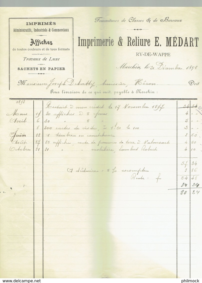 M-Facture Imprimerie E.Médart A Marchin Ry-de-Wappe Le 31-Décembre-1898 Vers Héron - 1800 – 1899