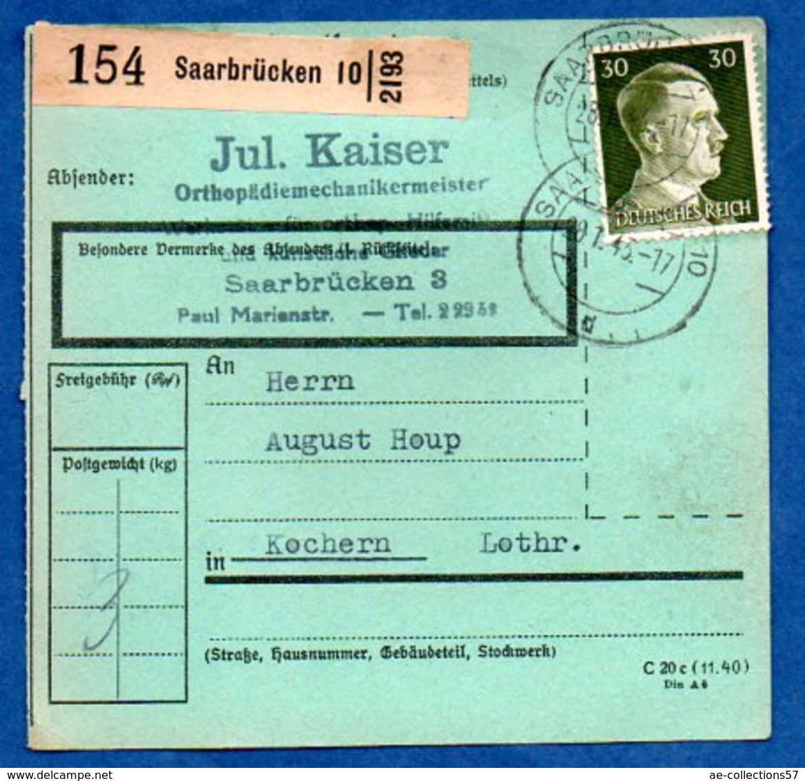 Colis Postal  -  Départ Saarbruken 10  -  Pour Cocheren  - 28/1/1943 - Covers & Documents
