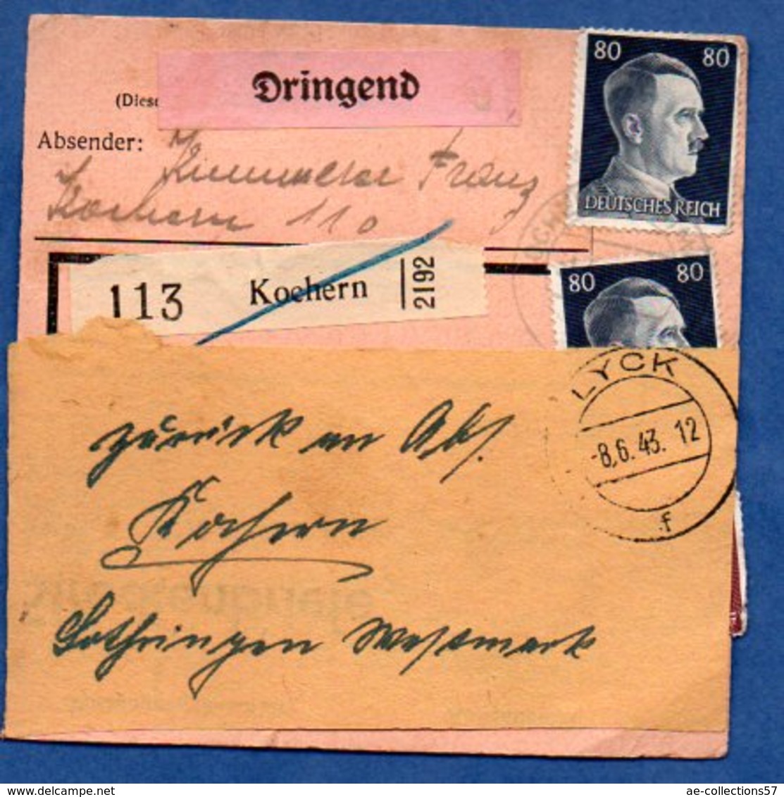 Colis Postal  -  Départ Lyck -- Pour Kochern  - 8/6/1943 - Covers & Documents