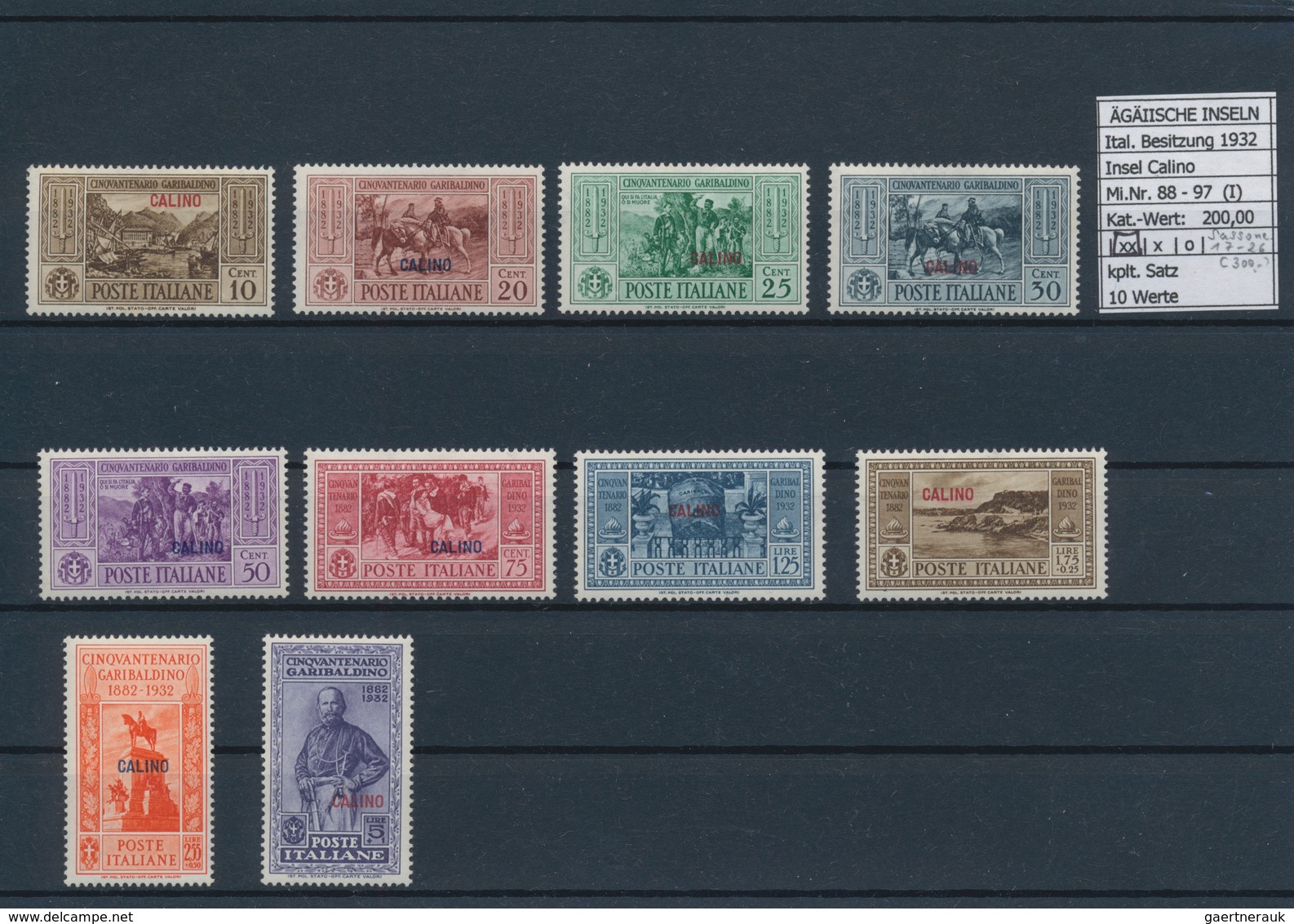 Ägäische Inseln: 1932, 10 C.-5 L. Guiseppel Garibaldi, 13 Complete Sets With Overprint Calino Till S - Ägäis