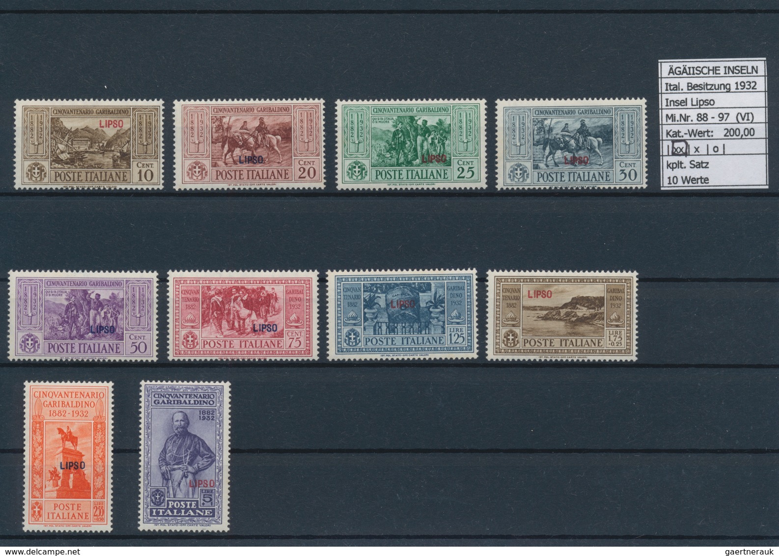 Ägäische Inseln: 1932, 10 c.-5 l. Guiseppel Garibaldi, 13 complete sets with overprint Calino till S