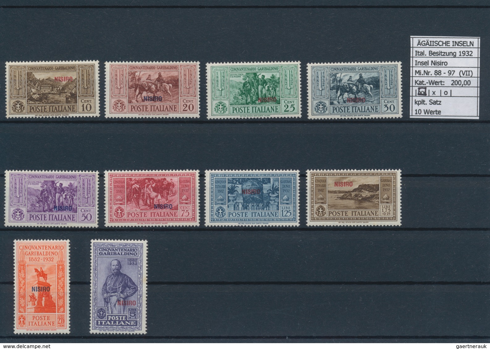 Ägäische Inseln: 1932, 10 c.-5 l. Guiseppel Garibaldi, 13 complete sets with overprint Calino till S