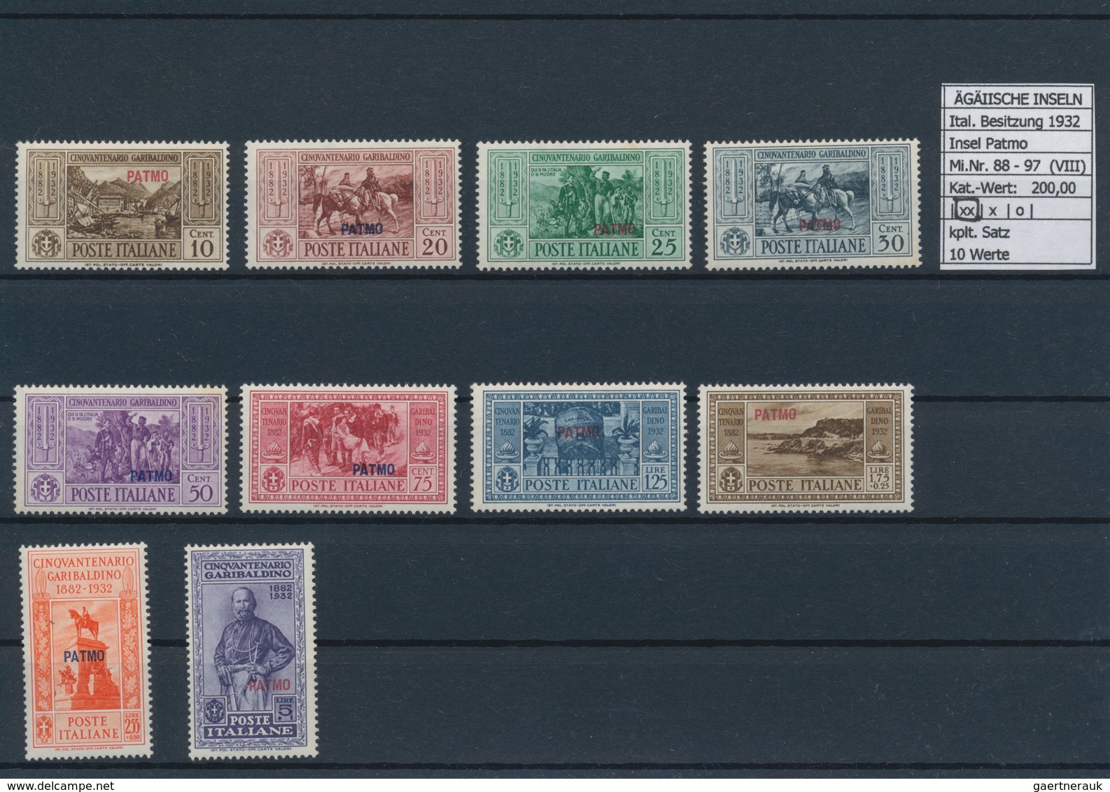 Ägäische Inseln: 1932, 10 c.-5 l. Guiseppel Garibaldi, 13 complete sets with overprint Calino till S