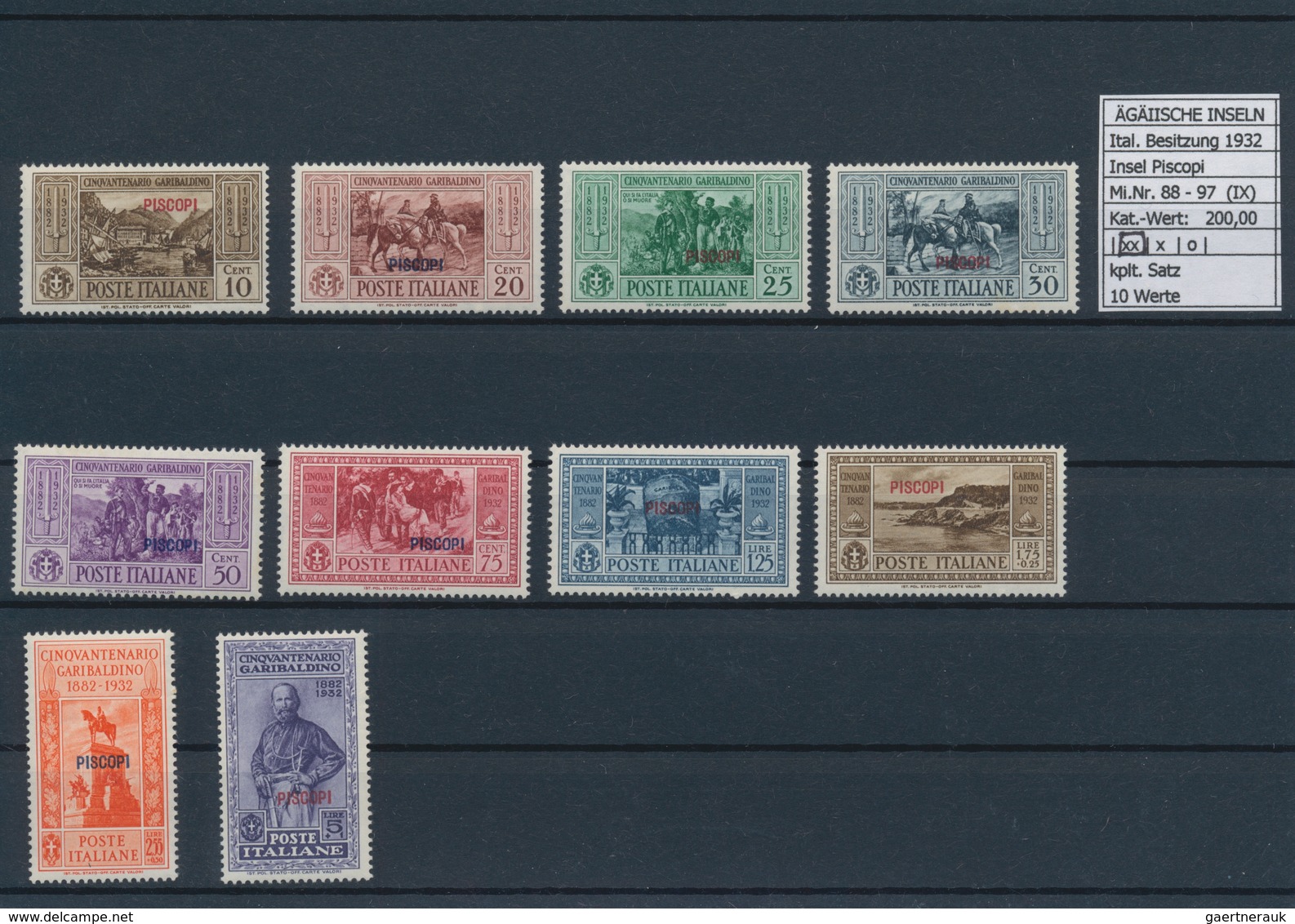 Ägäische Inseln: 1932, 10 c.-5 l. Guiseppel Garibaldi, 13 complete sets with overprint Calino till S