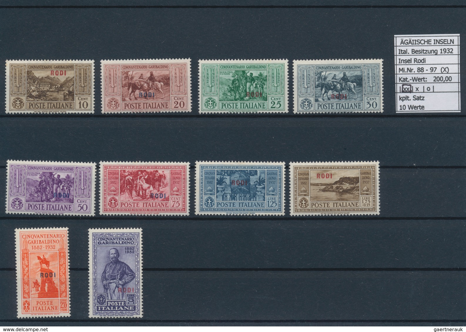 Ägäische Inseln: 1932, 10 c.-5 l. Guiseppel Garibaldi, 13 complete sets with overprint Calino till S