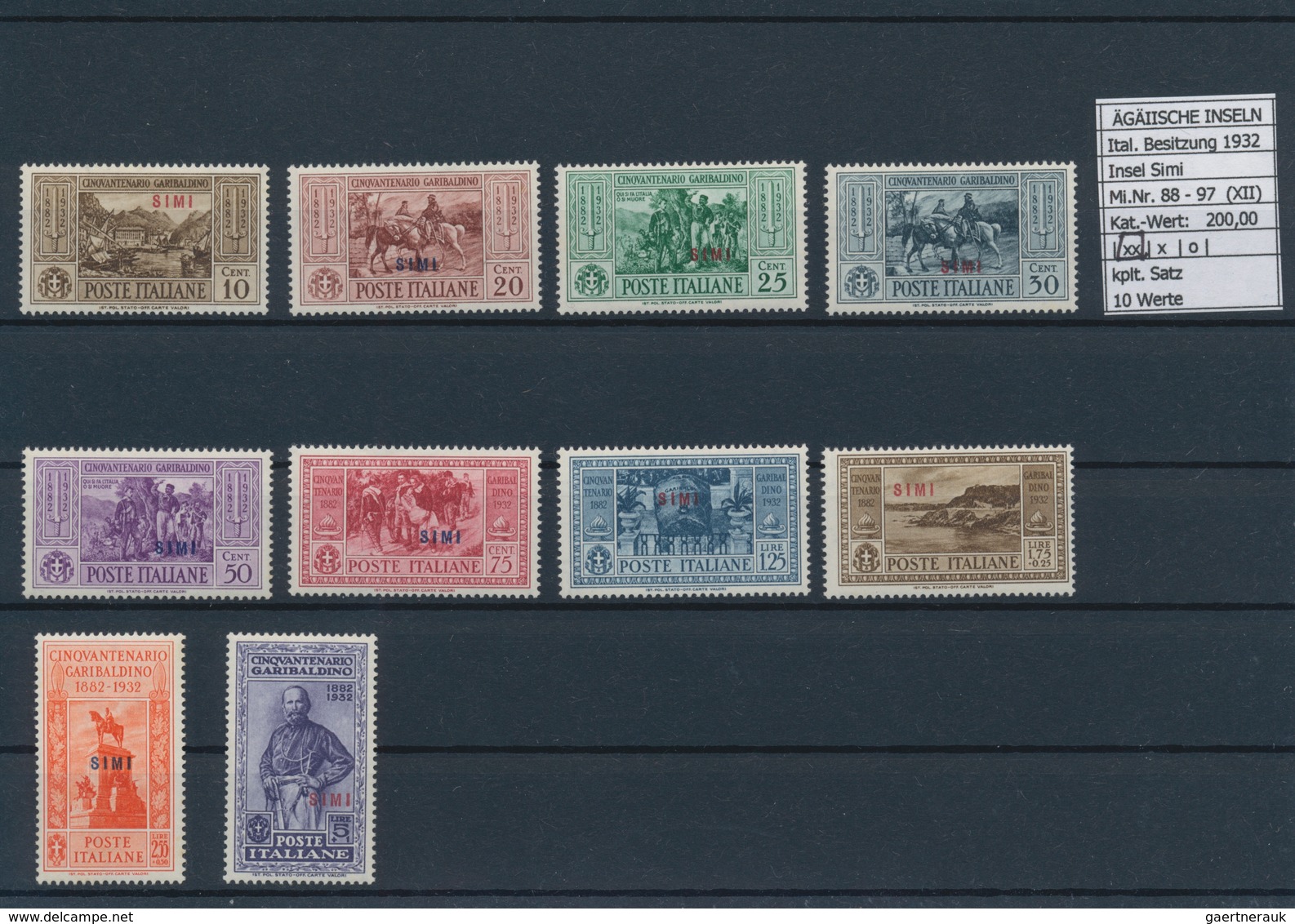 Ägäische Inseln: 1932, 10 c.-5 l. Guiseppel Garibaldi, 13 complete sets with overprint Calino till S
