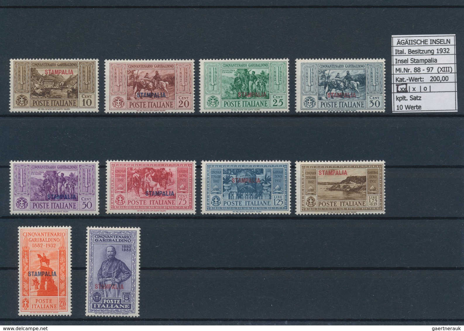 Ägäische Inseln: 1932, 10 c.-5 l. Guiseppel Garibaldi, 13 complete sets with overprint Calino till S