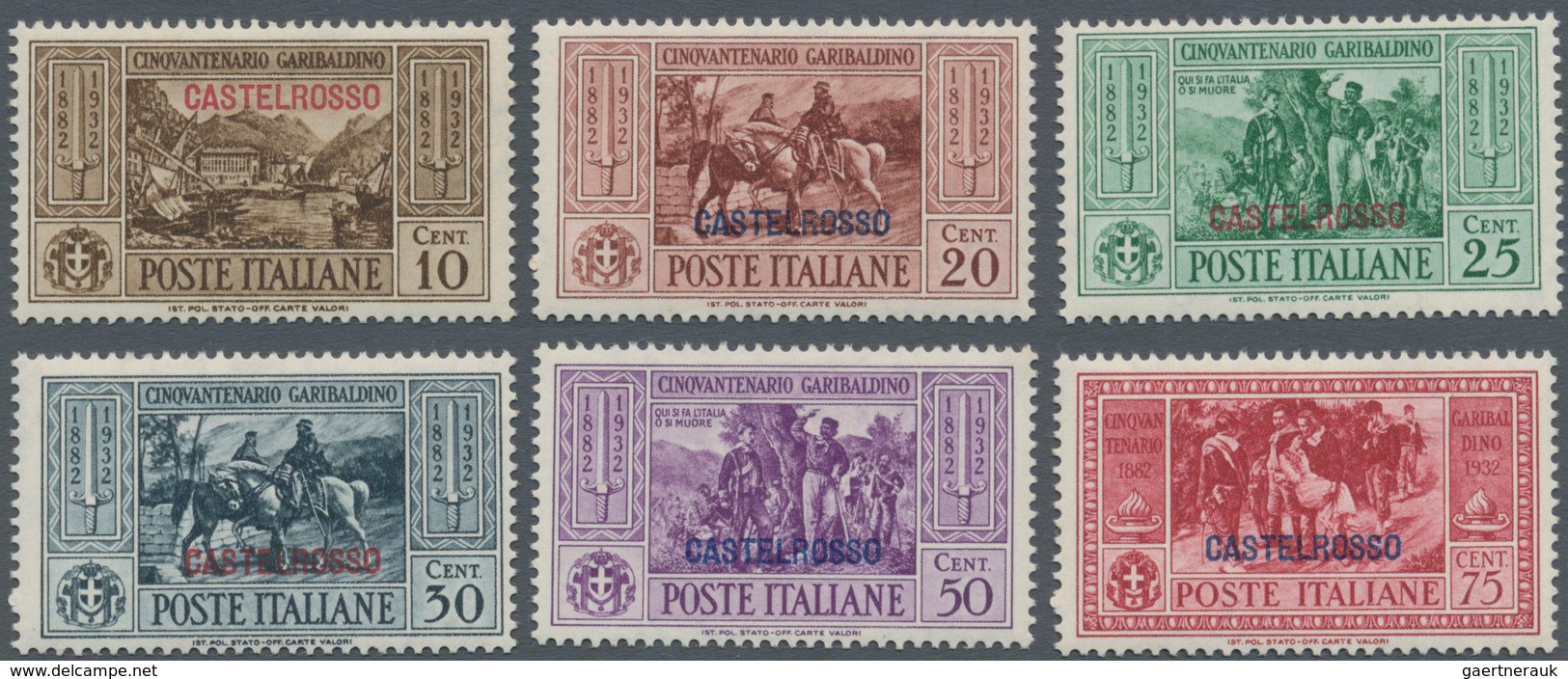 Ägäische Inseln - Kastellorizo: 1932, 10 C.-5 L. Guiseppe Garibaldi Overprint Issue Complete, Mint N - Castelrosso