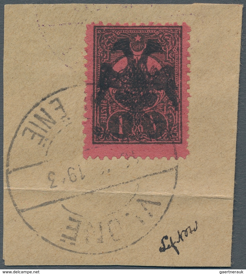 Albanien: 1913, Double Headed Eagle Overprints, 1pi. Black On Rose, Fresh Colour, On Piece Neatly Ca - Albanie