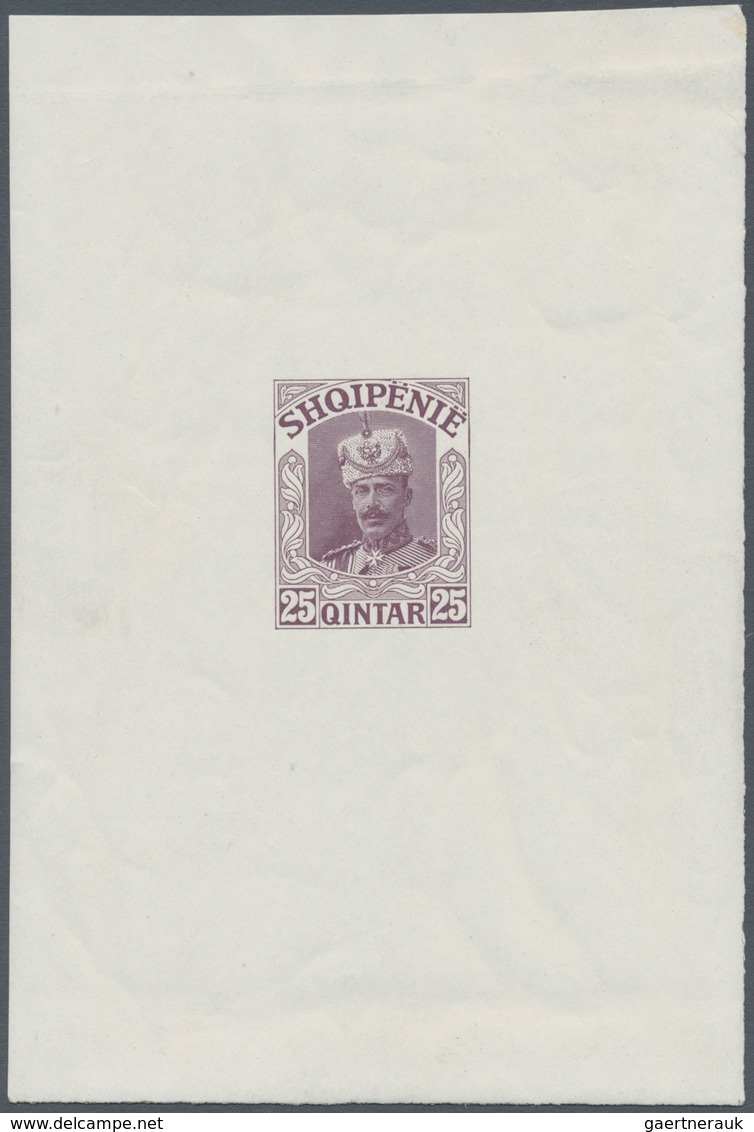 Albanien: 1914. Lot Of 3 Imperforate Single Printings For Unissued Stamp "25 Q Wilhelm" In Blue, Red - Albanië
