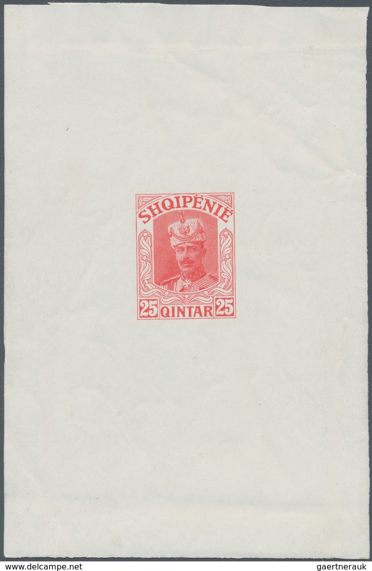 Albanien: 1914. Lot Of 3 Imperforate Single Printings For Unissued Stamp "25 Q Wilhelm" In Blue, Red - Albanië