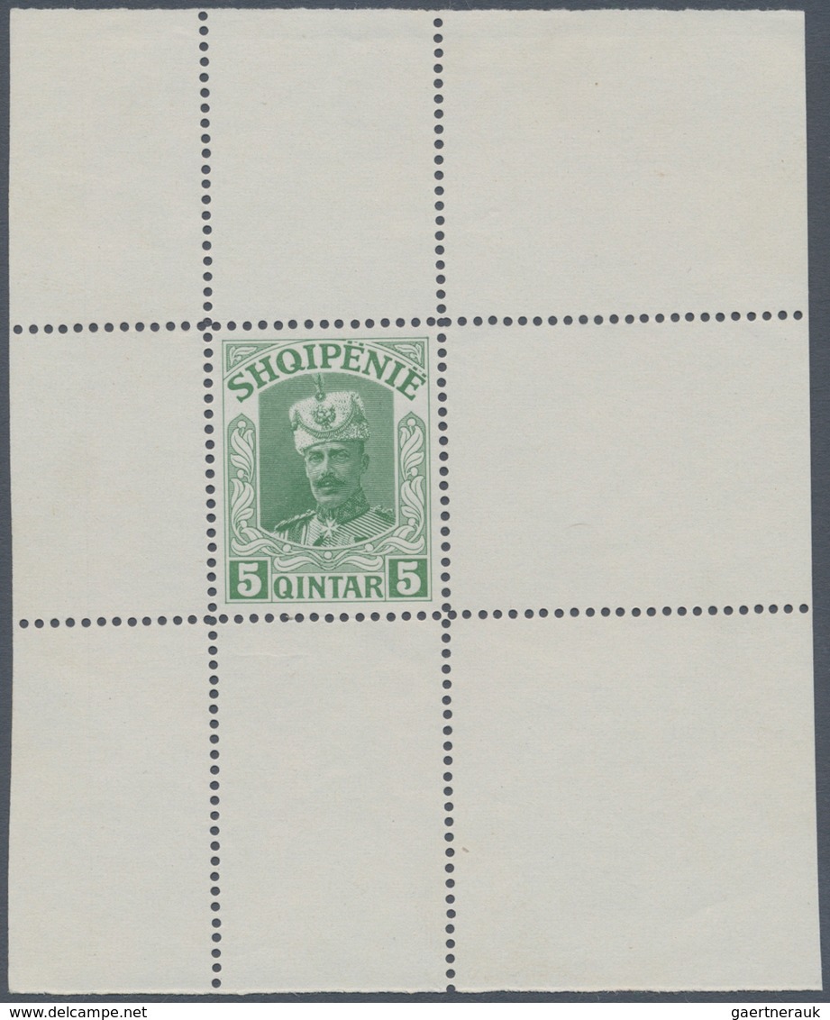 Albanien: 1914. Lot Of 3 Perforated Single Printings For Unissued Stamp "5 Q Wilhelm" In Blue, Green - Albanie