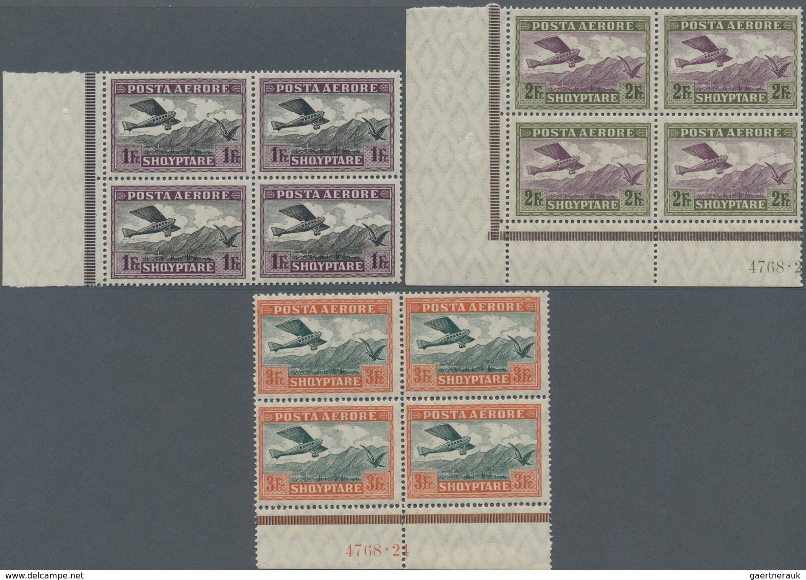 Albanien: 1925, Adria Aero-Lloyd As Mint Blocks Of Four From Bopgenrand, 3 Fr With HAN And 2 Fr With - Albanië