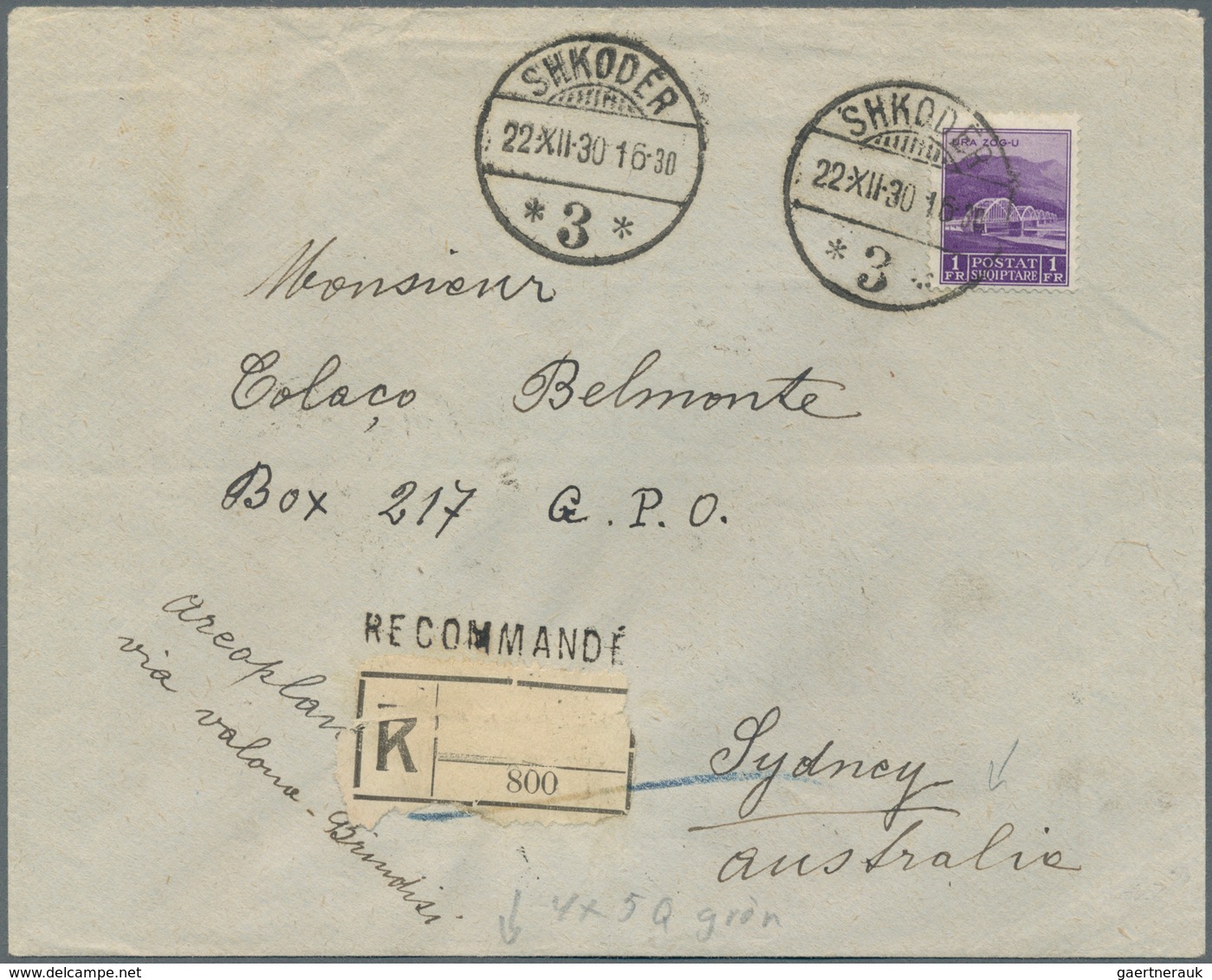 Albanien: 1930 Registered Letter Franked With 4x5 Qind Green And 1 Fr. Violet From Shkoder To Sydney - Albanië