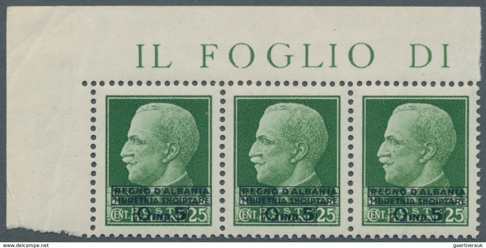 Albanien: 1940, Not Issued Overprints On Italy, 5q. On 25c. Green, Horizontal Strip Of Three From Th - Albanie