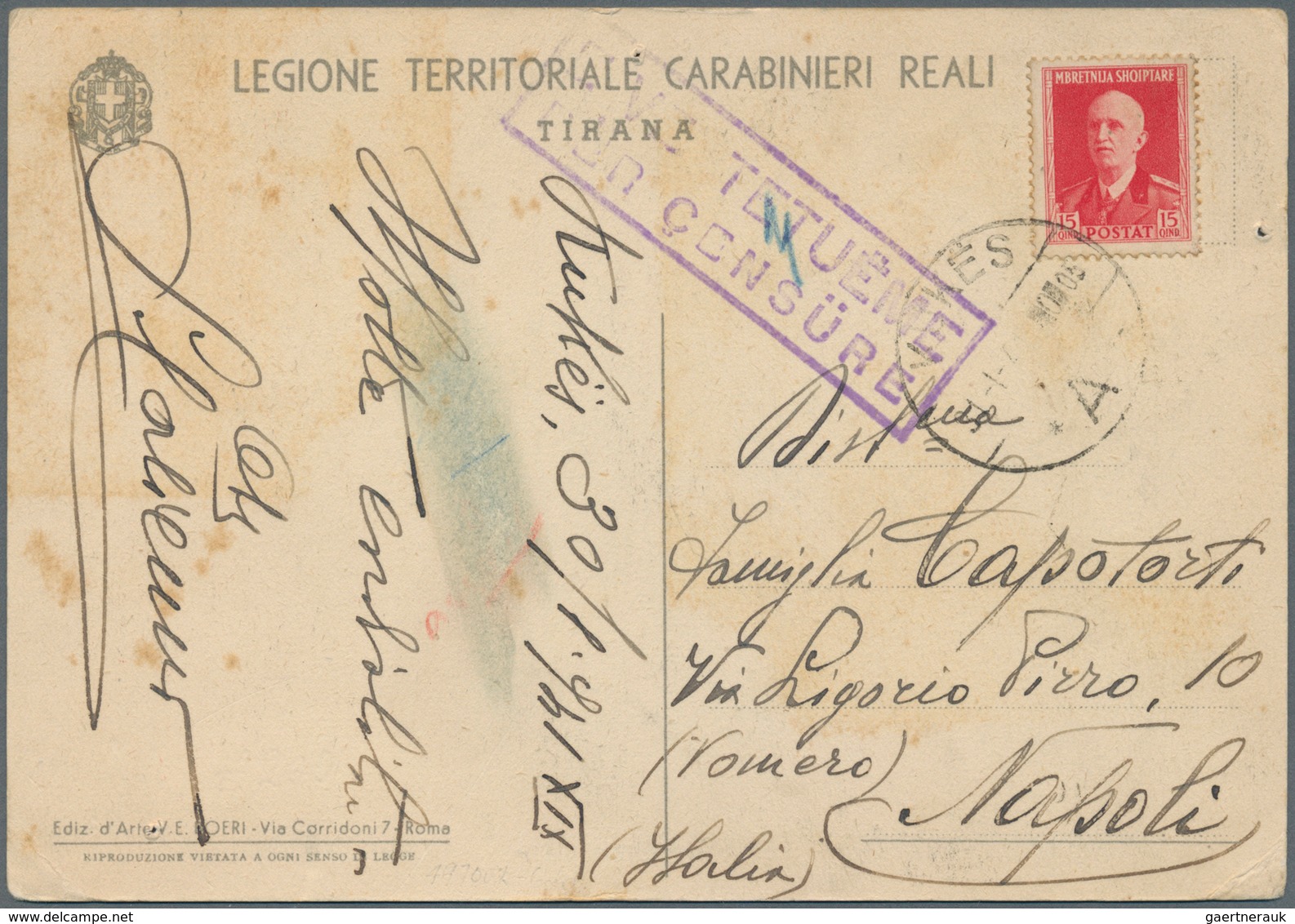 Albanien: 1940. Italian Occupation Propaganda Card 'Legione Territoriale Carabinieri Reali Di Tirana - Albanie