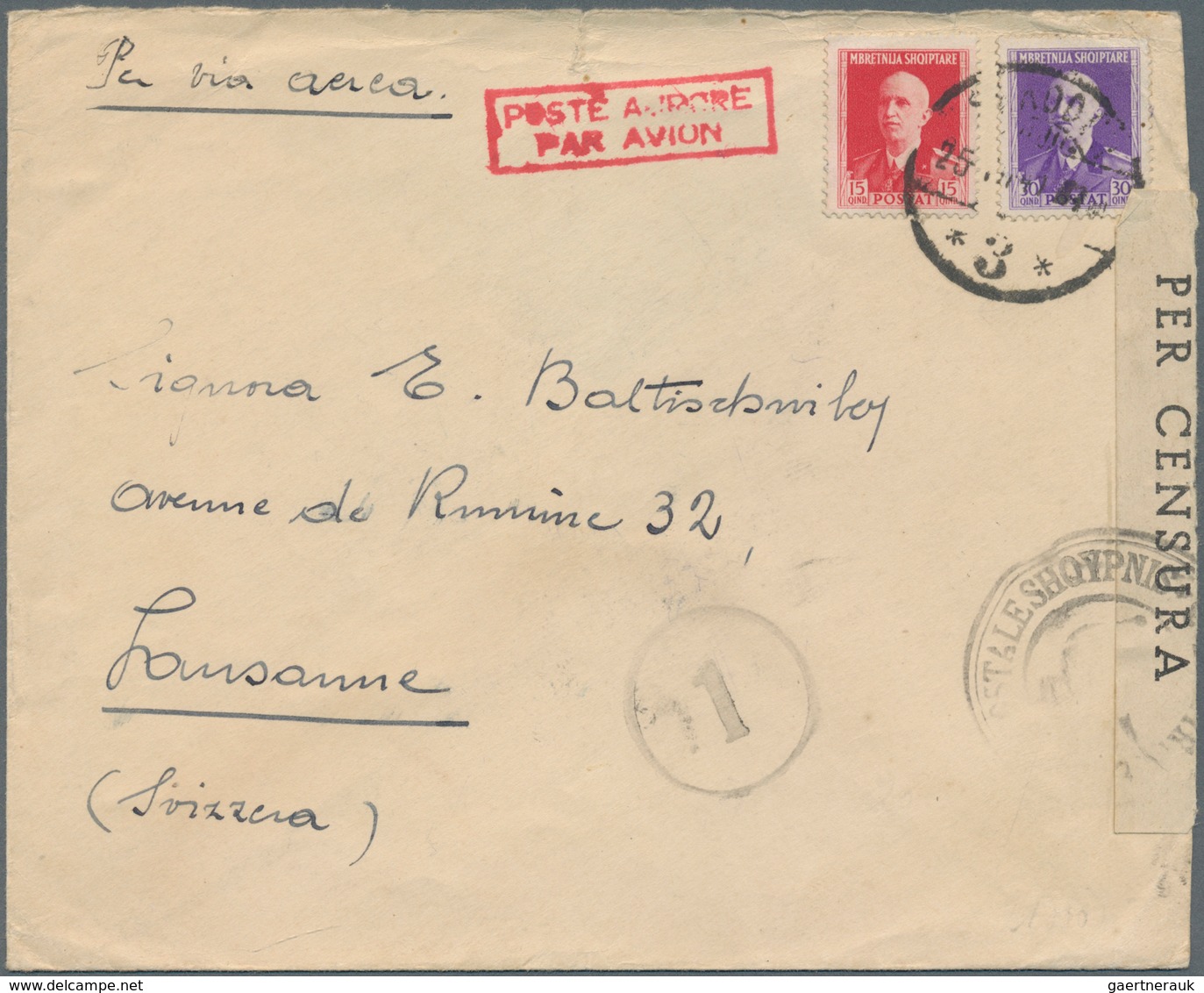 Albanien: 1940. Air Mail Envelope (tear At Top, Flap Missing) Addressed To Switzerland Bearing Alban - Albanie