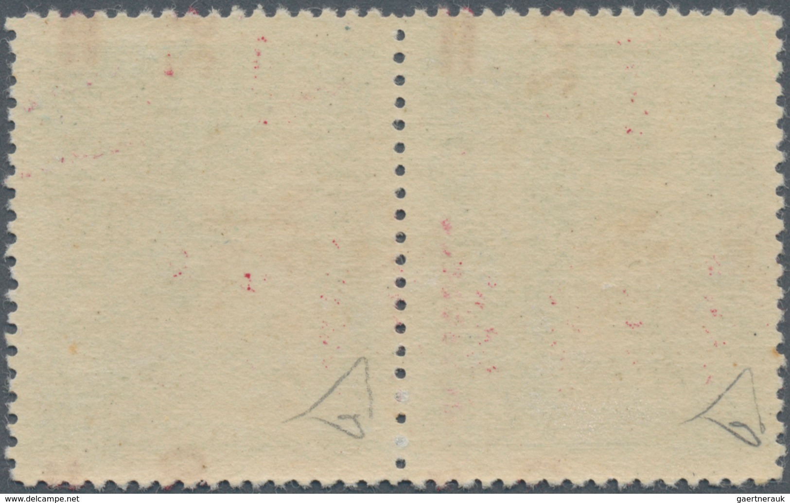 Albanien: 1952, Airmail Stamp 5 Lek In A Vertical Pair With Strongly Shifted Red Imprint, Always Min - Albanie