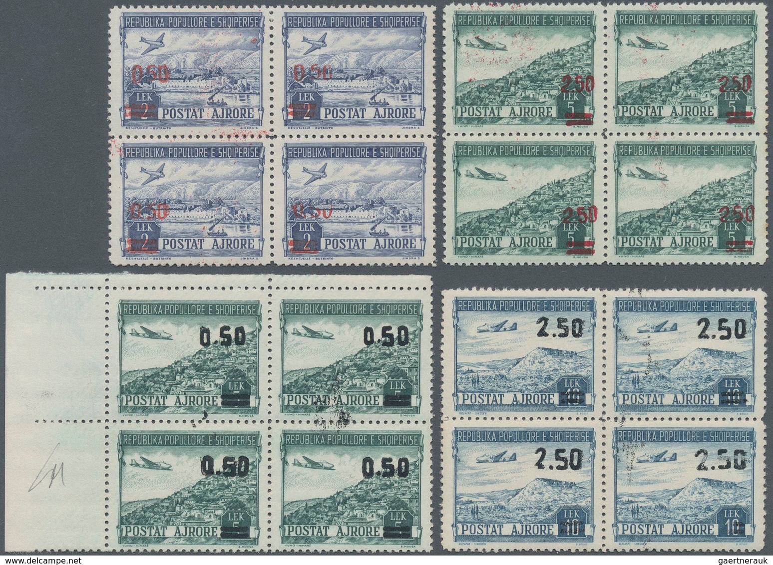 Albanien: 1952, Airmail Stamp 2 Lek And 5 Lek With Red Overprint In Blocks Of Four (lightly Folded), - Albanie