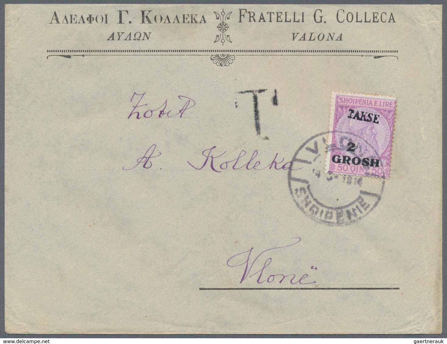 Albanien - Portomarken: 1914. Business Envelope, Unfranked, Addressed Locally, Handstamped T, 2 Gr O - Albania
