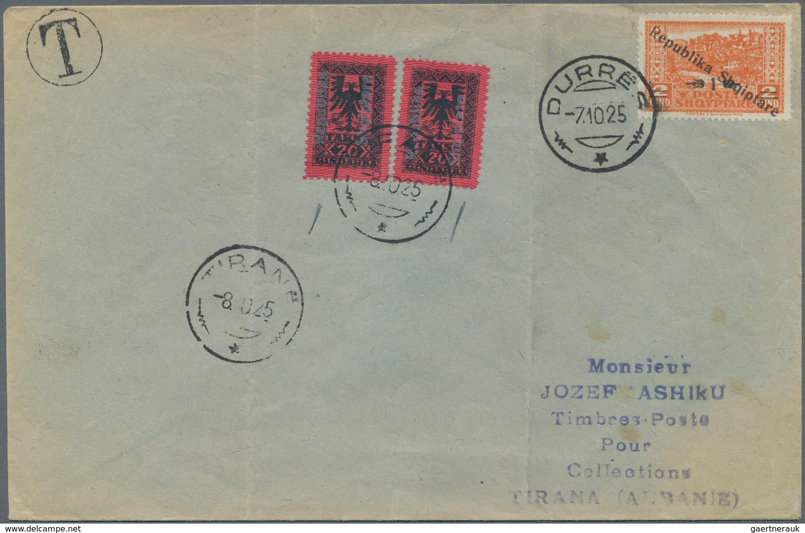 Albanien - Portomarken: 1925. Envelope (two Vertical Folds) Addressed To Tirana Bearing SG 178, 1q O - Albanie