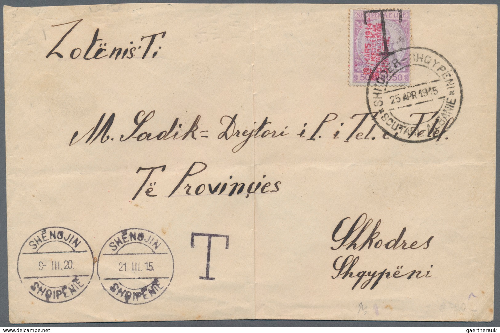 Albanien - Lokalausgaben: 1915, Large Envelope Written In SHËNGJIN, Sent UNFRANKED To Post Office Of - Albanië