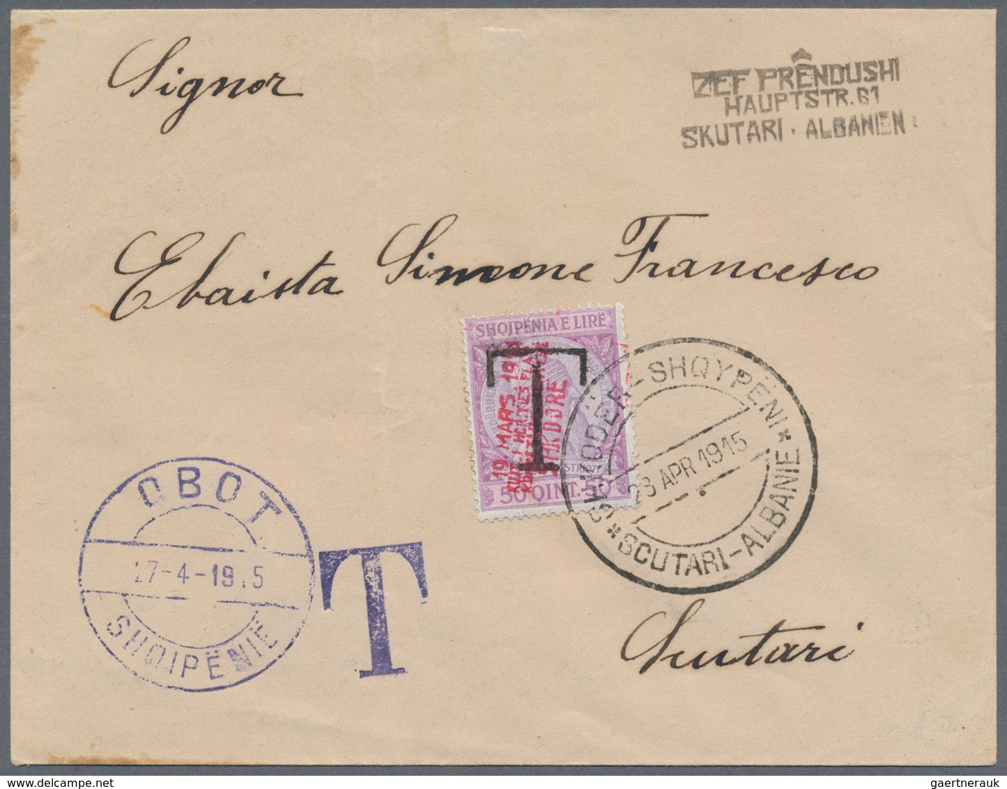 Albanien - Lokalausgaben: 1915, “ZEF PRENDUSHI” Unfranked Letter To OBOT, On Arrival Handstamped “T” - Albanie