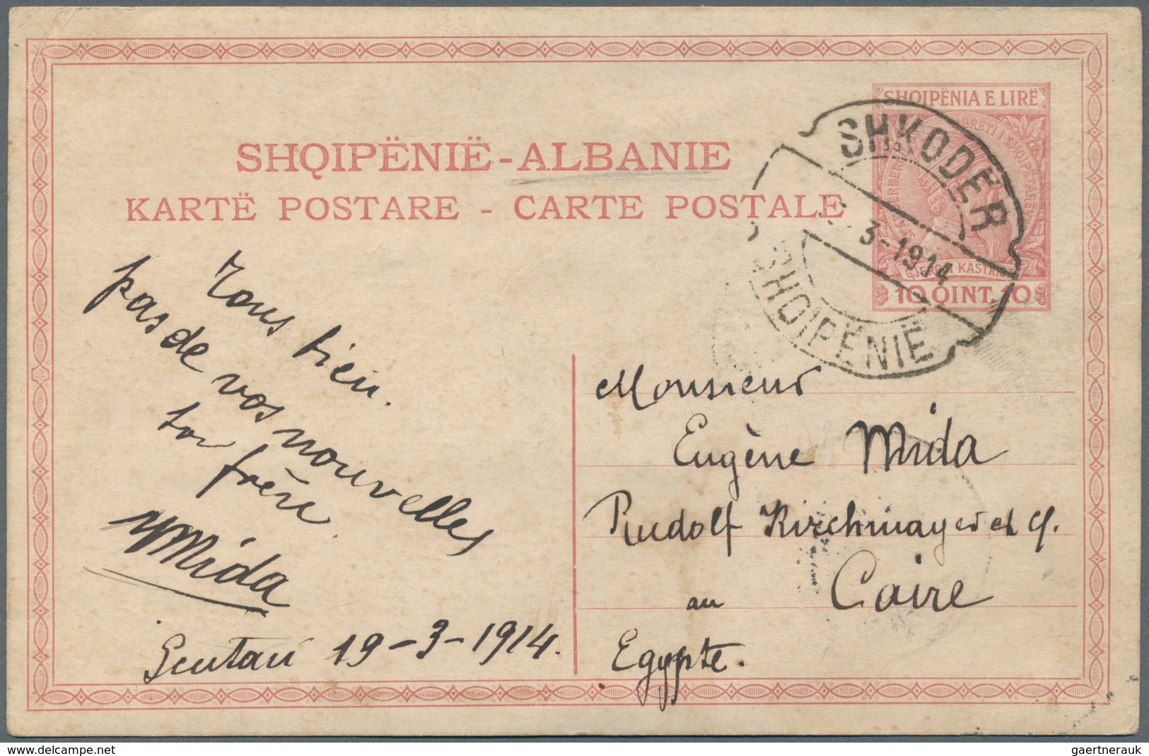 Albanien - Ganzsachen: 1914 Postal Stationery Card 10 Qint Rose From Shkoder To Caire Egypt, Rare De - Albanie