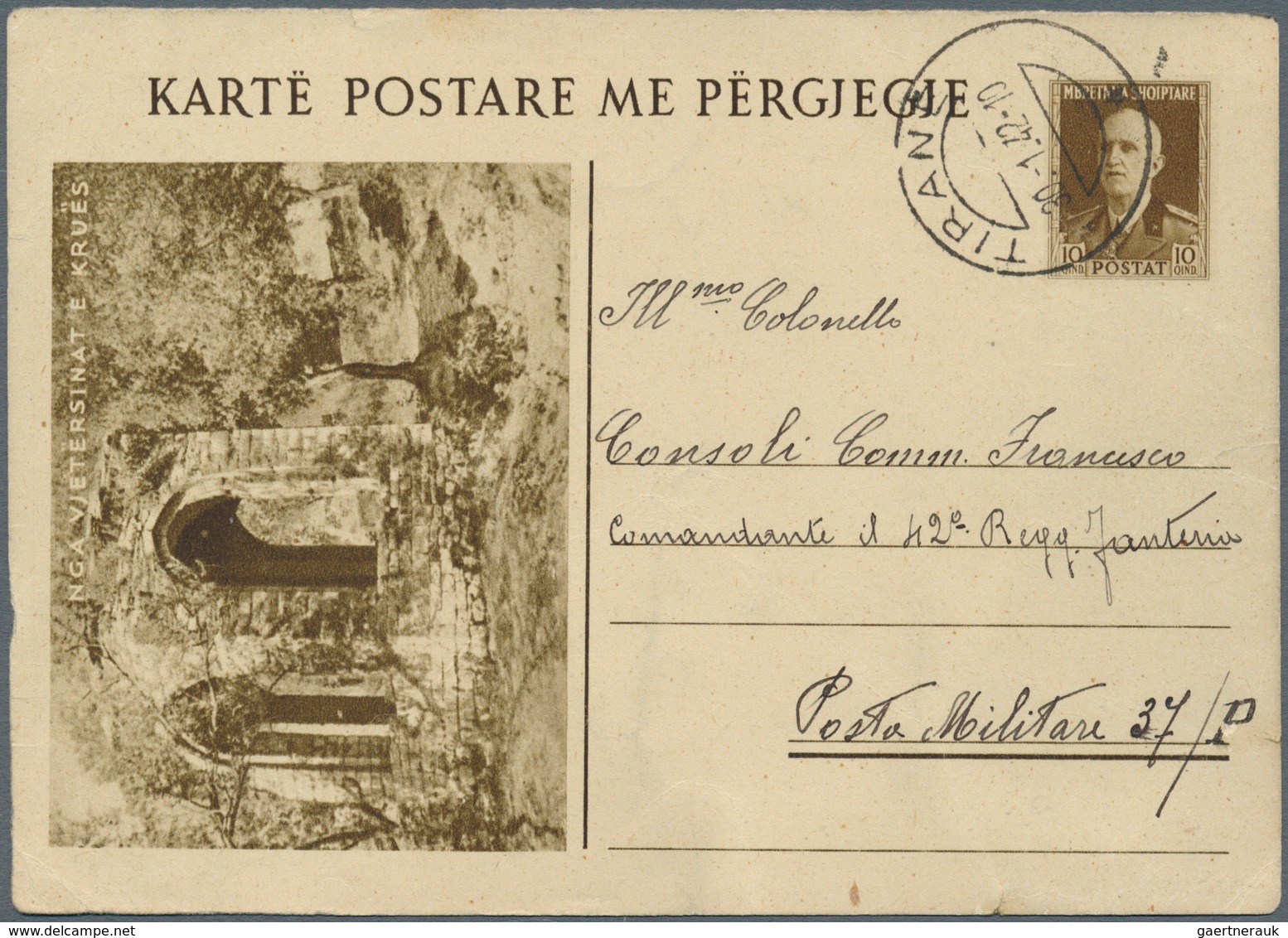 Albanien - Ganzsachen: 1942, 10 Q Brown Postal Stationery Picture Replay Card (NGA Vjetersinat) From - Albanie